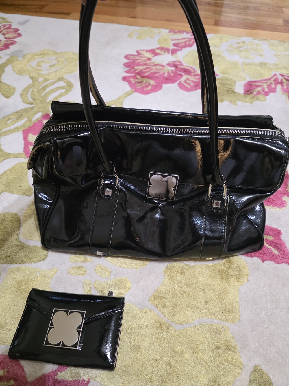 Liz Claiborne Black Patent Tote Bag with Matching Wallet